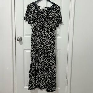 Orvis Women’s Formal Midi V neck Tie back Black beige neutral leaf dress medium